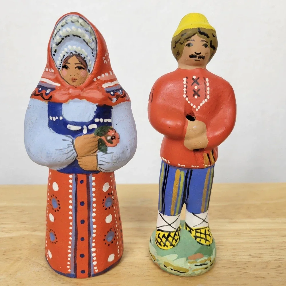 Vintage 90s Russian Pskov Clay Figurine Whistles Folk Art Hand Painted Couple